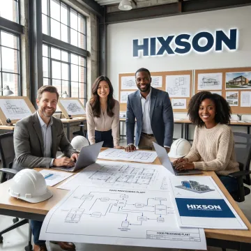 Food and beverage facility design team reviewing plant plans