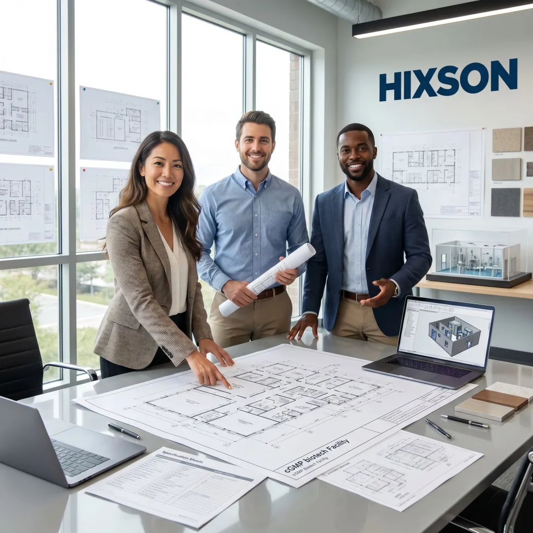 Modern cGMP facility design team reviewing biotech plans