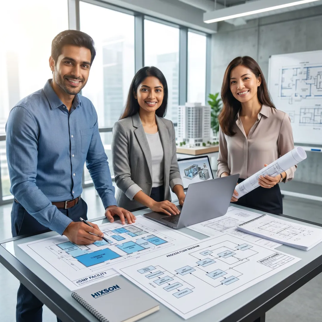 Engineers planning a cGMP biotech facility layout