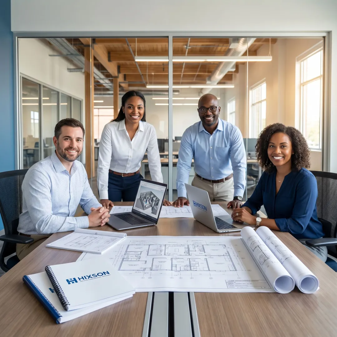 Pharmaceutical facility design team reviewing plans