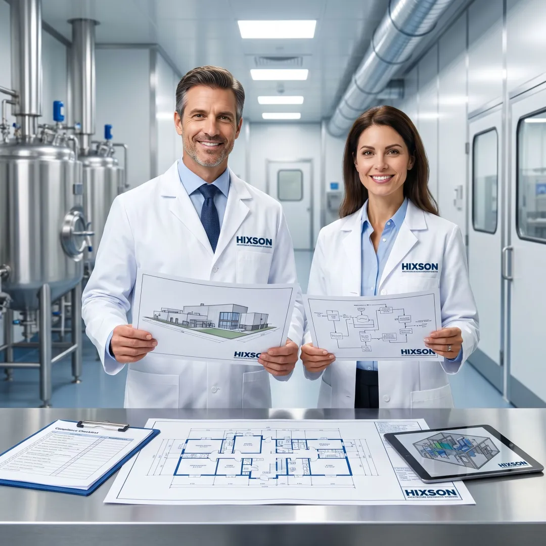Pharmaceutical facility compliance consulting team reviewing plans