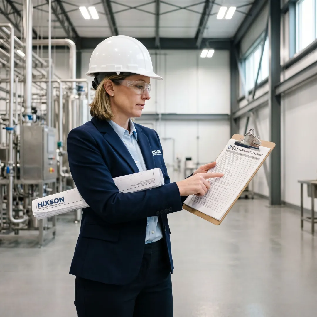 Safety consultant reviewing industrial workplace hazards