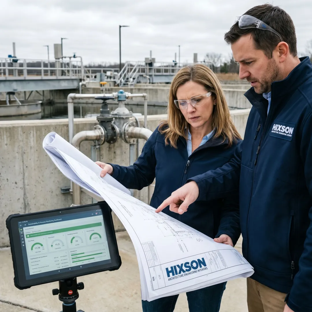 Environmental engineer reviewing industrial facility sustainability plans