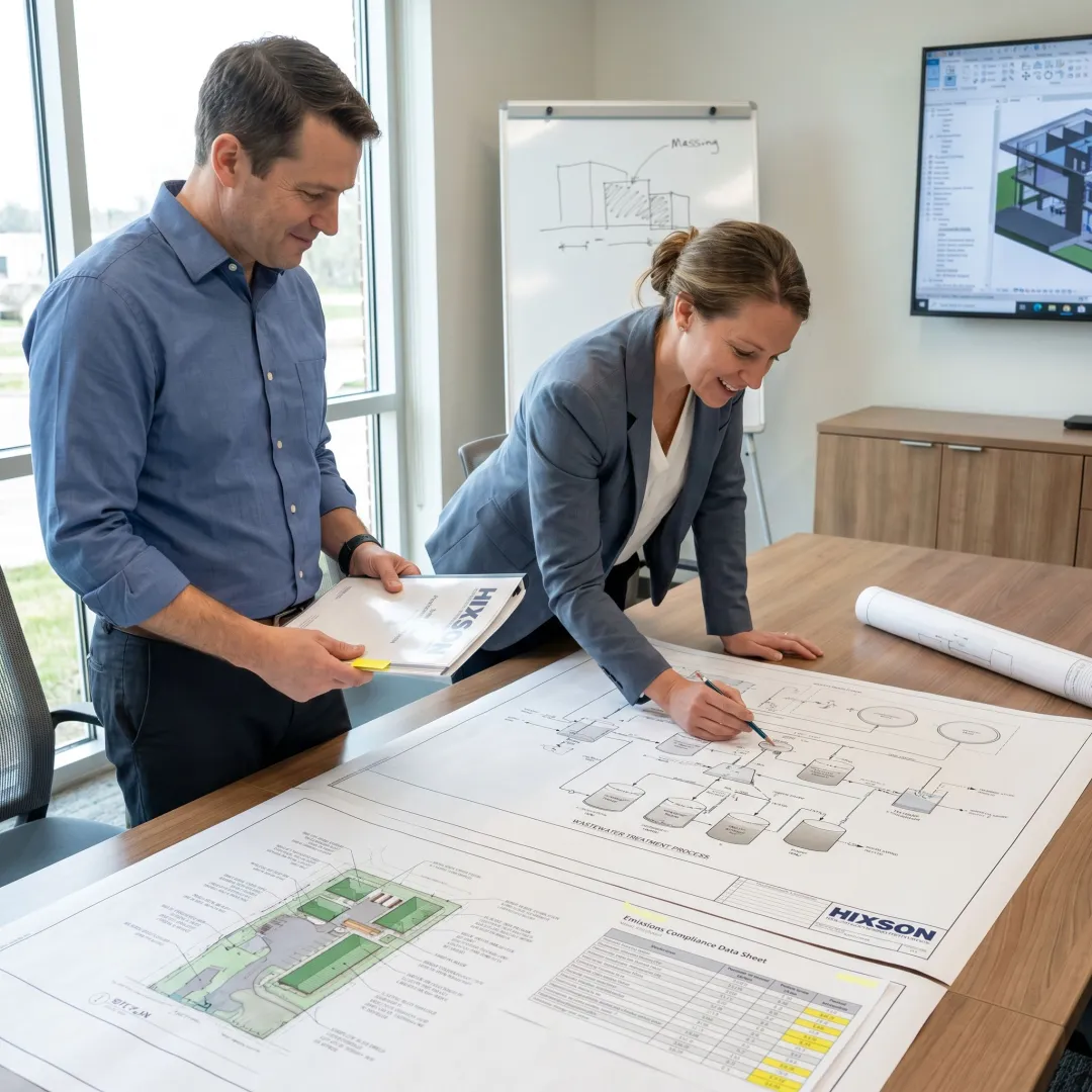 Industrial environmental consulting team reviewing facility drawings