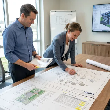 Industrial environmental consulting team reviewing facility drawings