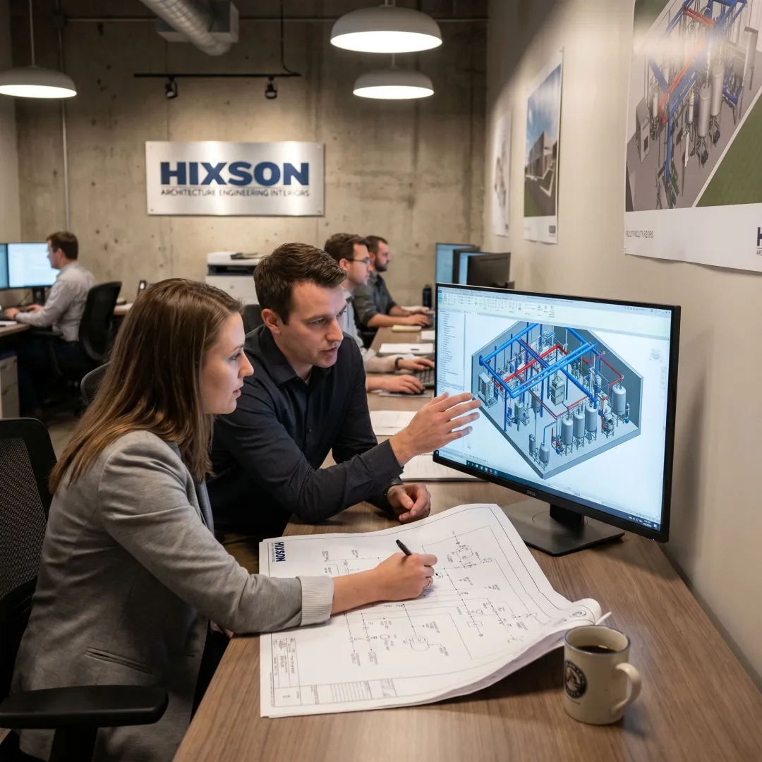Engineers reviewing sanitary piping drawings