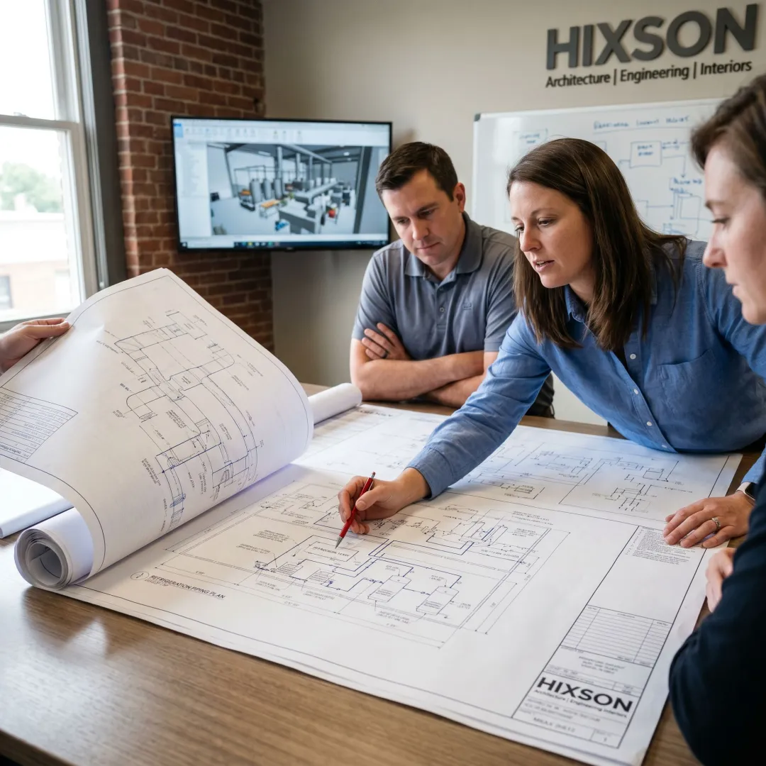 Engineers reviewing cheese plant HVAC plans