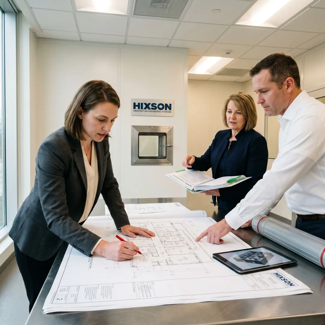 Life sciences design-build team reviewing cleanroom facility plans
