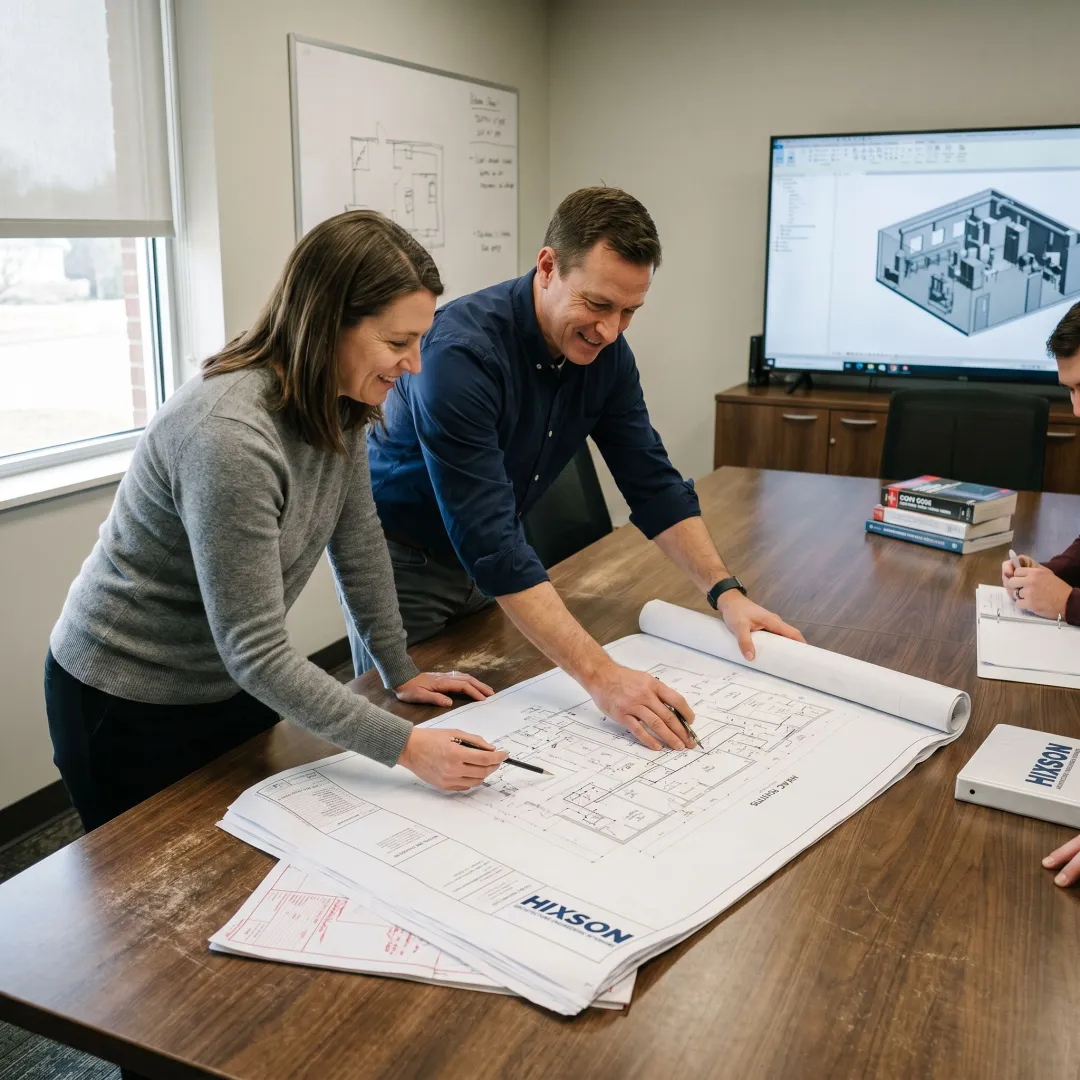 Engineering team coordinating life sciences facility construction plans