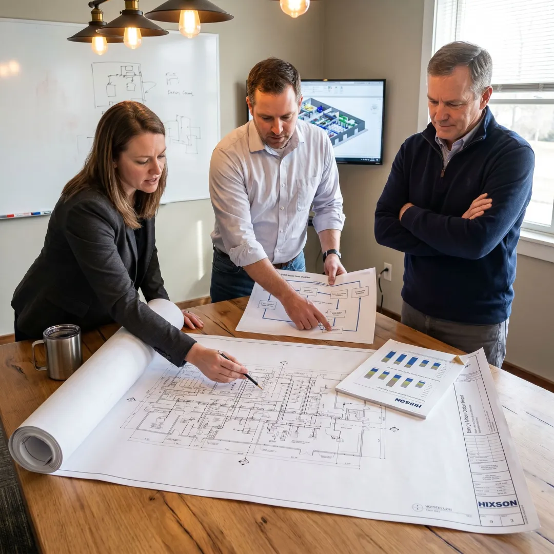 Engineers planning sustainable facility upgrades