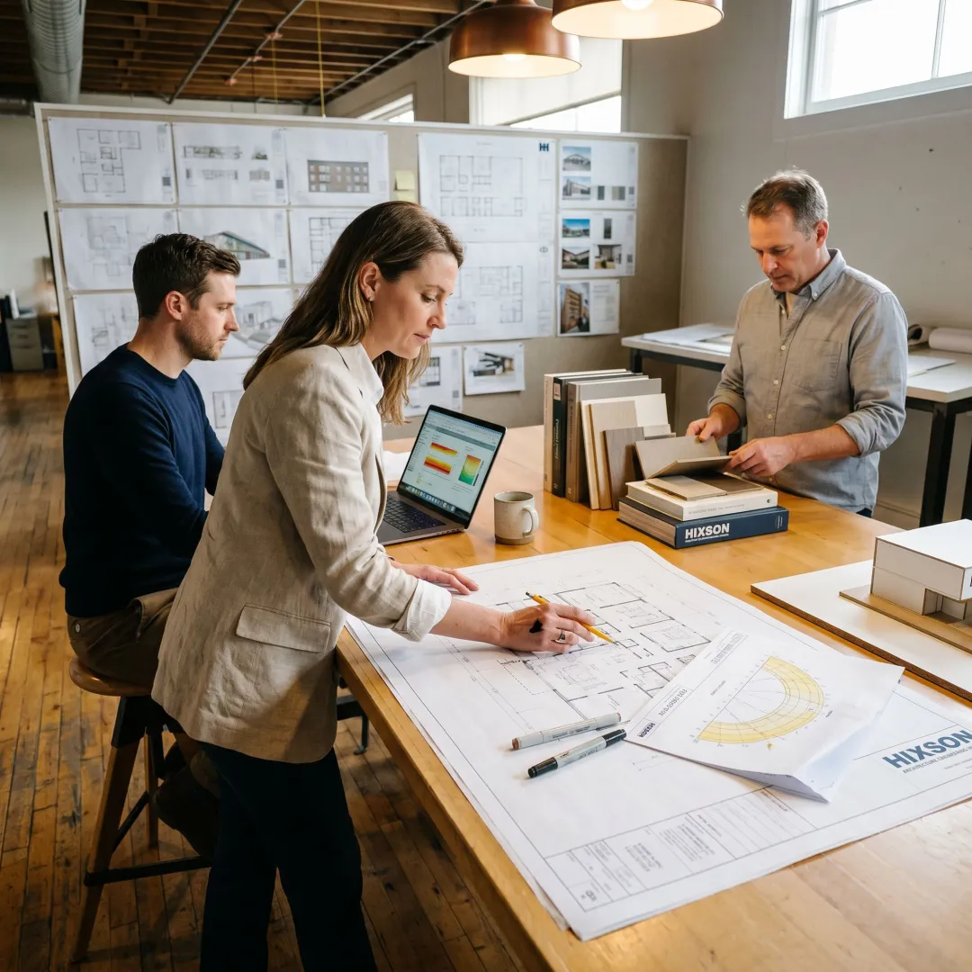 Design team reviewing sustainable office plans