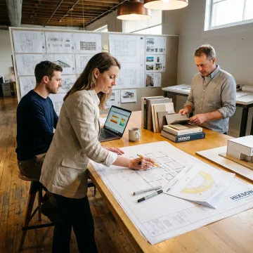 Design team reviewing sustainable office plans