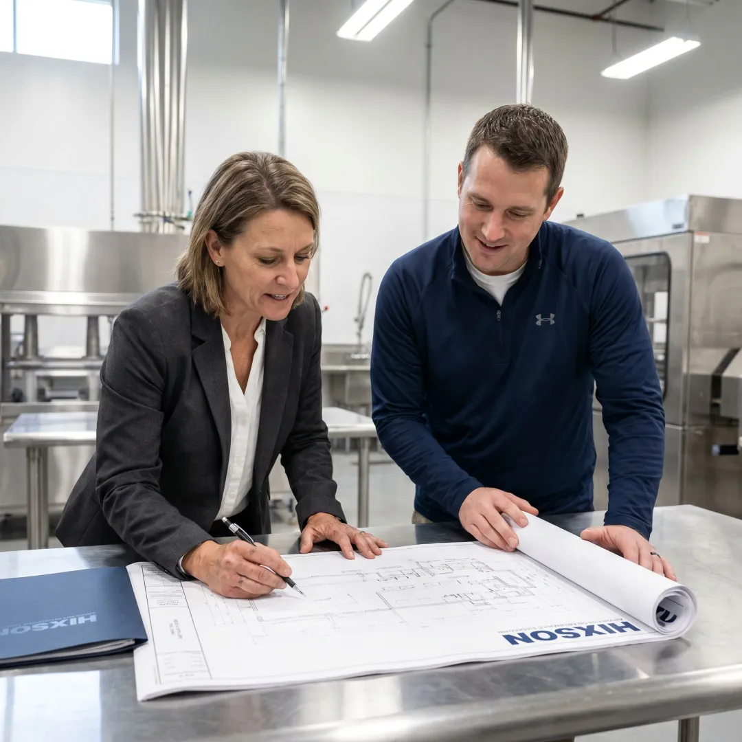 Food processing and bakery equipment engineering team reviewing production line plans