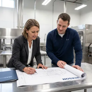 Food processing and bakery equipment engineering team reviewing production line plans