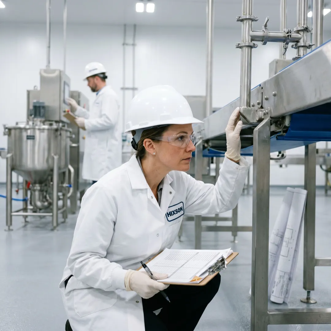 Engineer inspecting stainless food processing equipment during commissioning