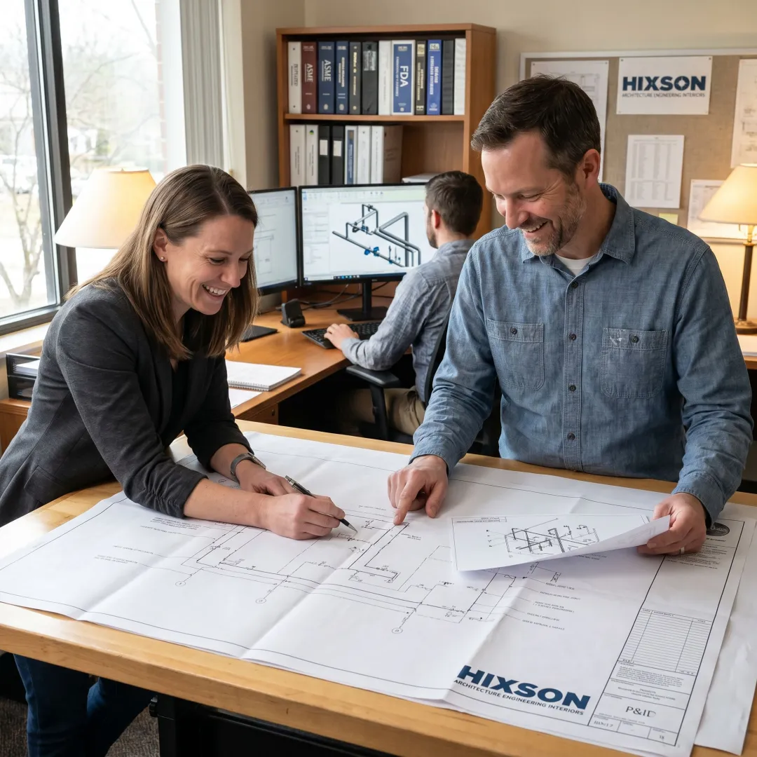 Engineers coordinating industrial piping drawings and plant layout