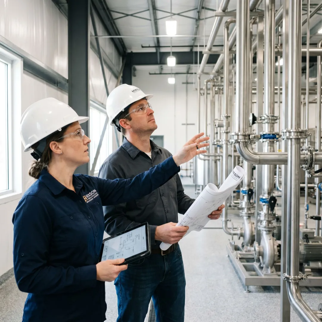 Industrial process piping engineering team reviewing plant systems