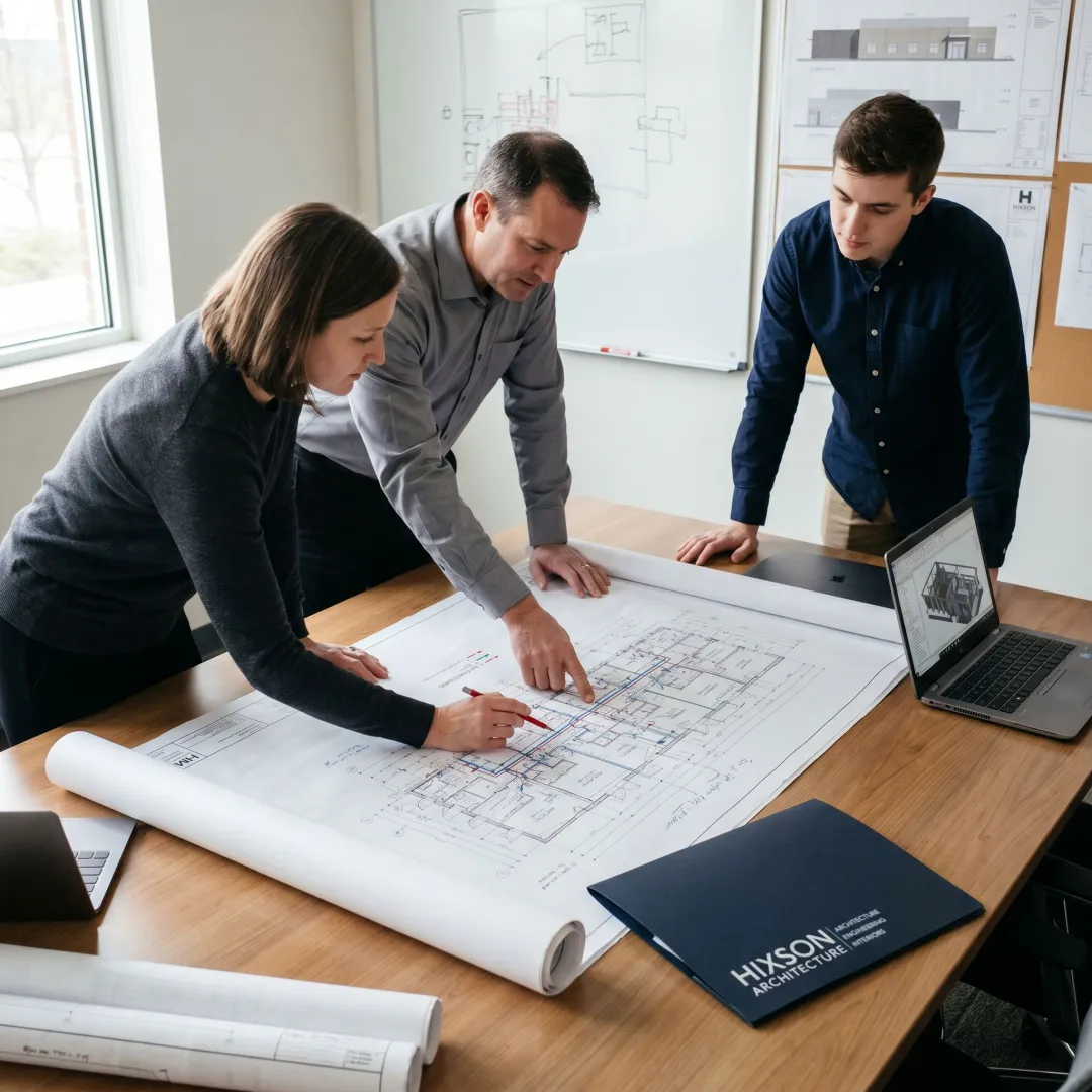 Laboratory design team reviewing technical plans