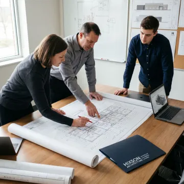Laboratory design team reviewing technical plans