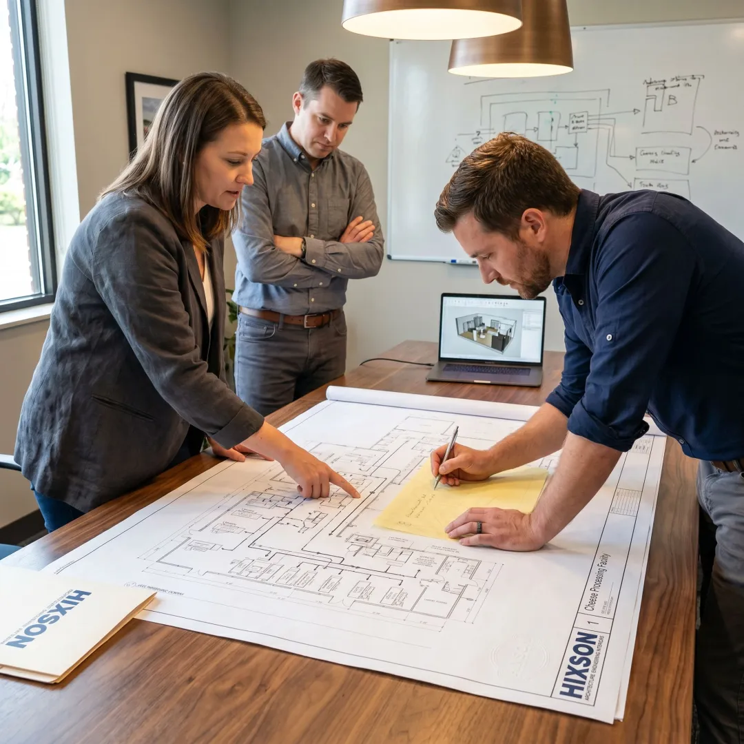 Engineers reviewing cheese plant plans