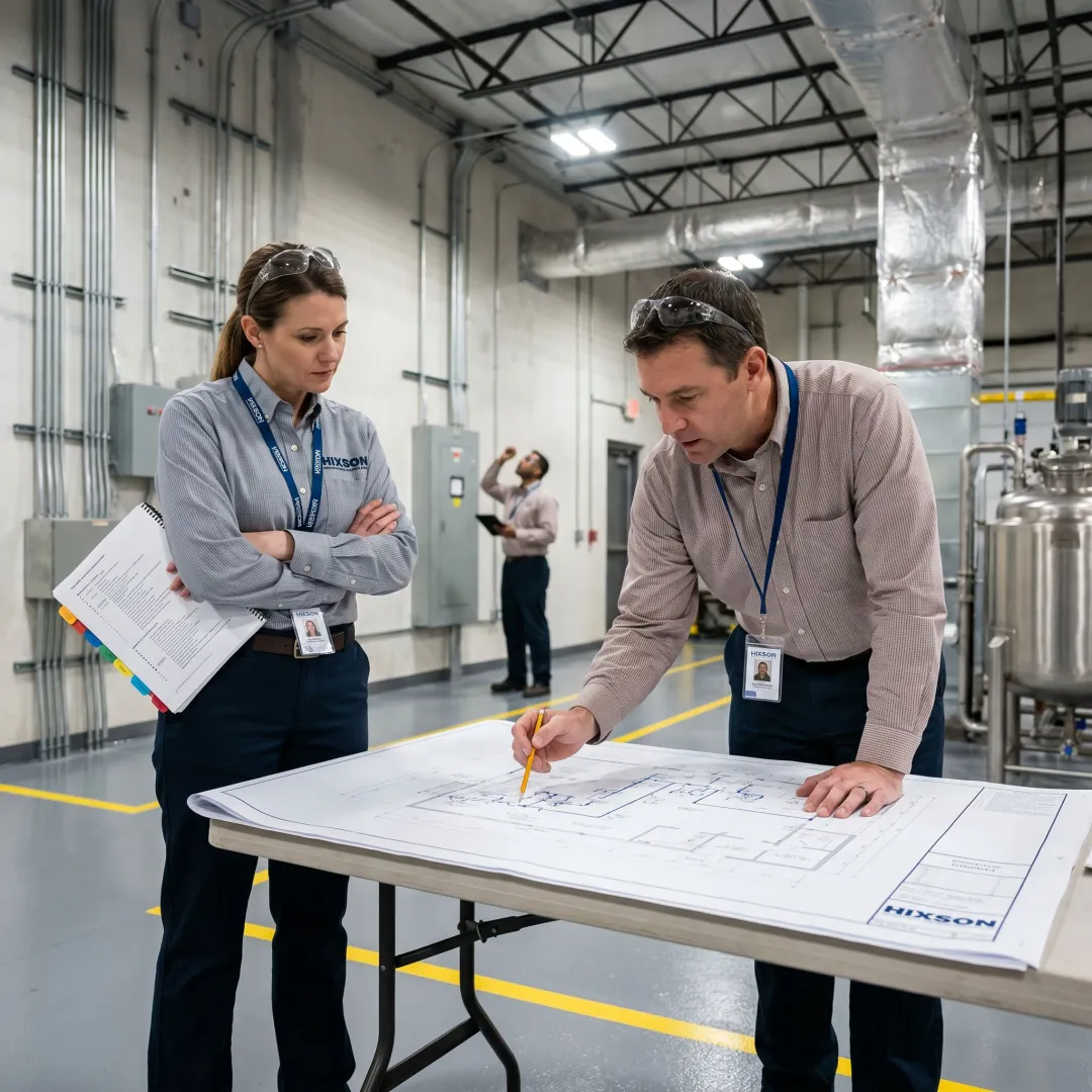 Industrial facility consulting team reviewing plant plans