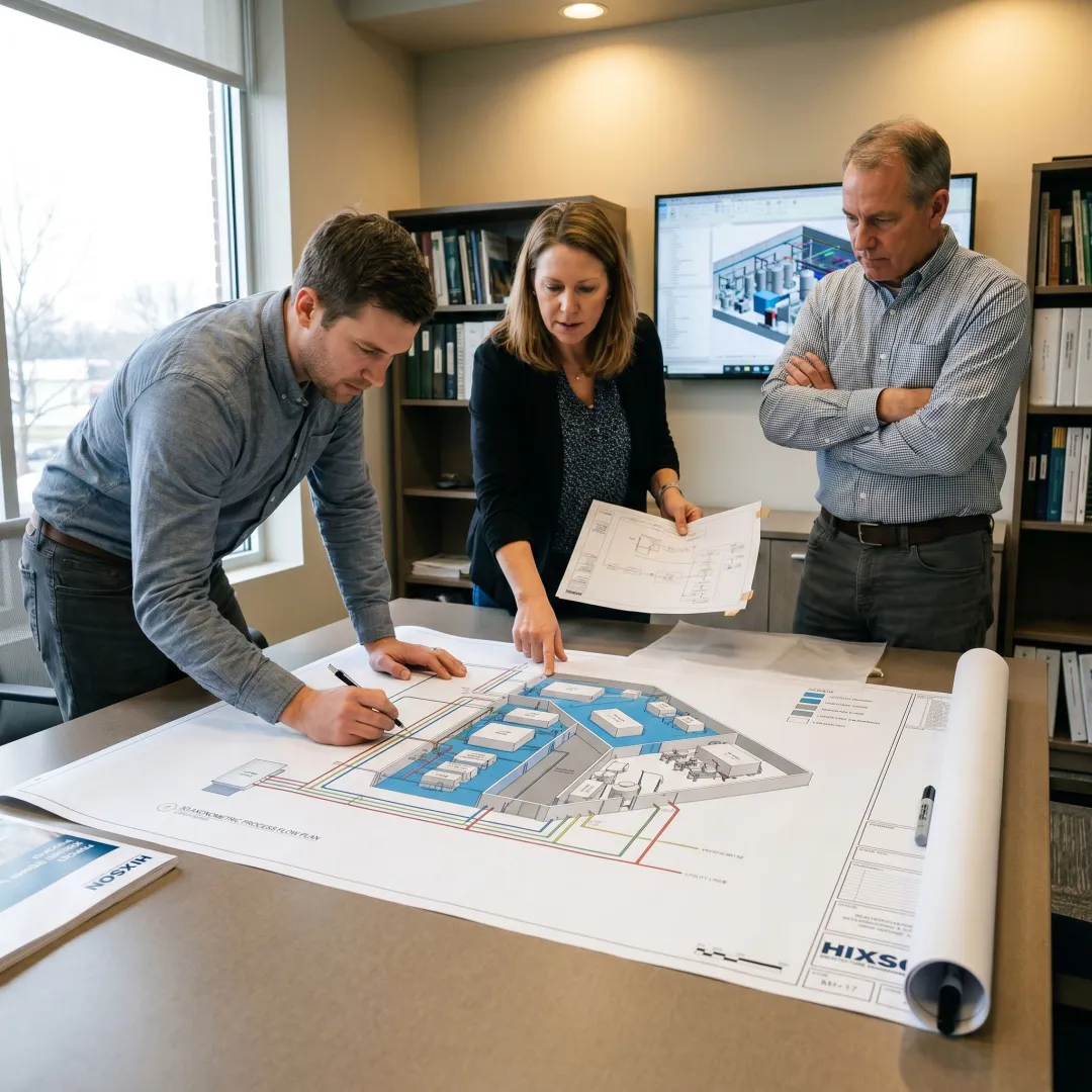 Engineering team reviewing alternative protein facility process layout