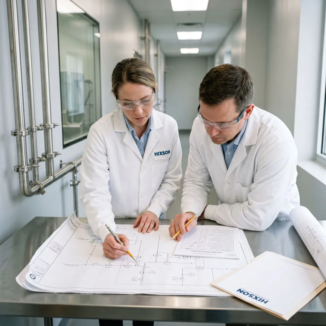 Pharmaceutical manufacturing safety consultants reviewing cleanroom systems