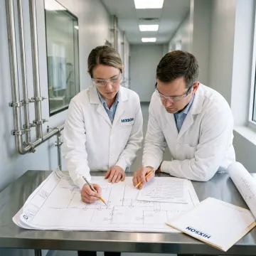 Pharmaceutical manufacturing safety consultants reviewing cleanroom systems