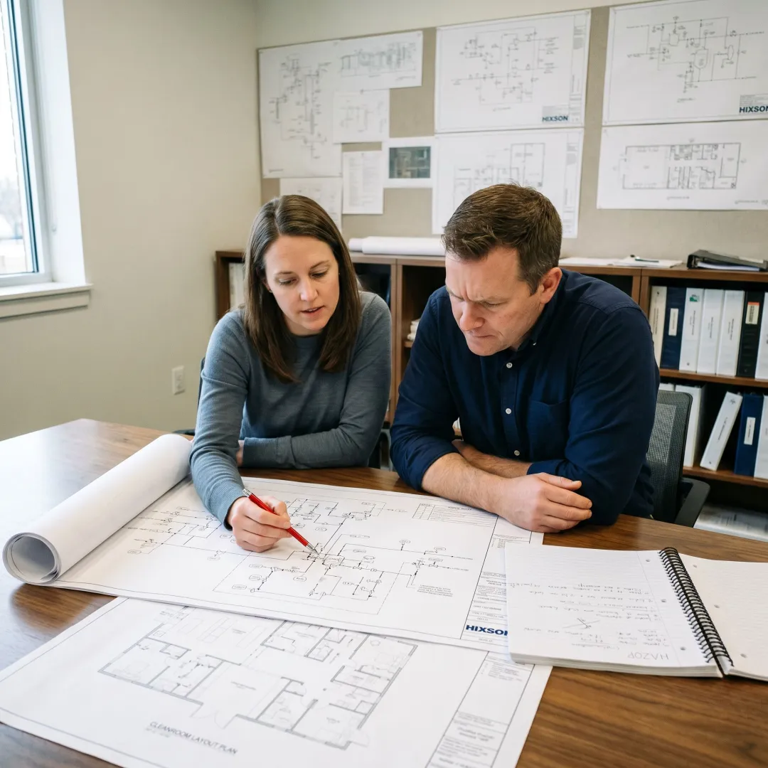 Engineering team conducting a pharmaceutical facility safety review