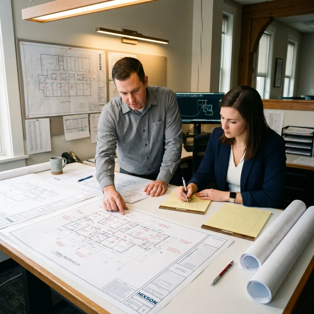 Engineers reviewing IQF freezer system plans