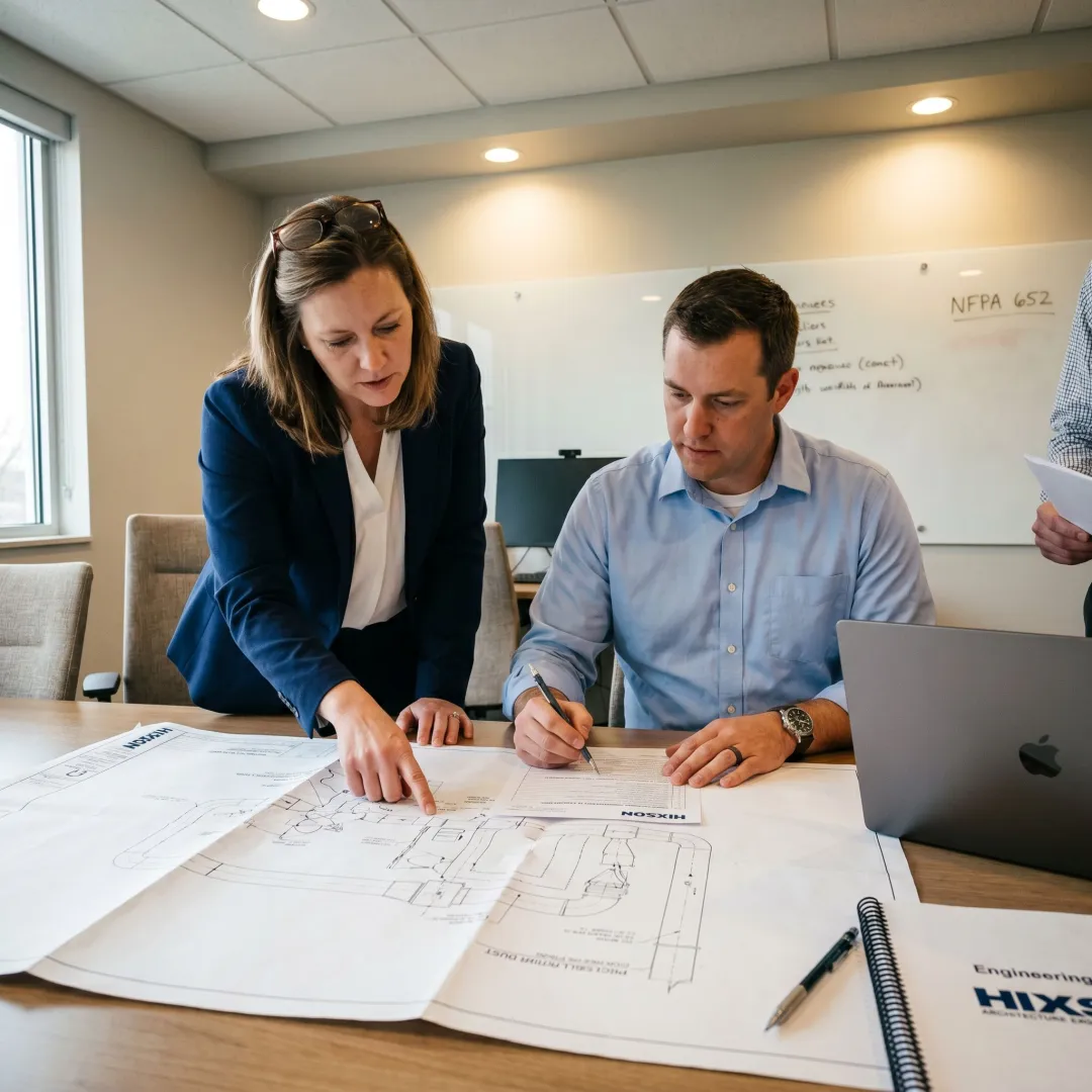 Engineering team reviewing combustible dust hazard drawings