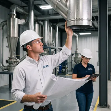 Engineer inspecting combustible dust controls in a manufacturing facility