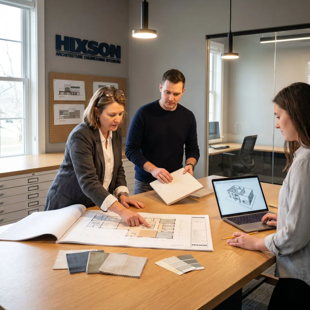 Architecture team reviewing workplace planning documents