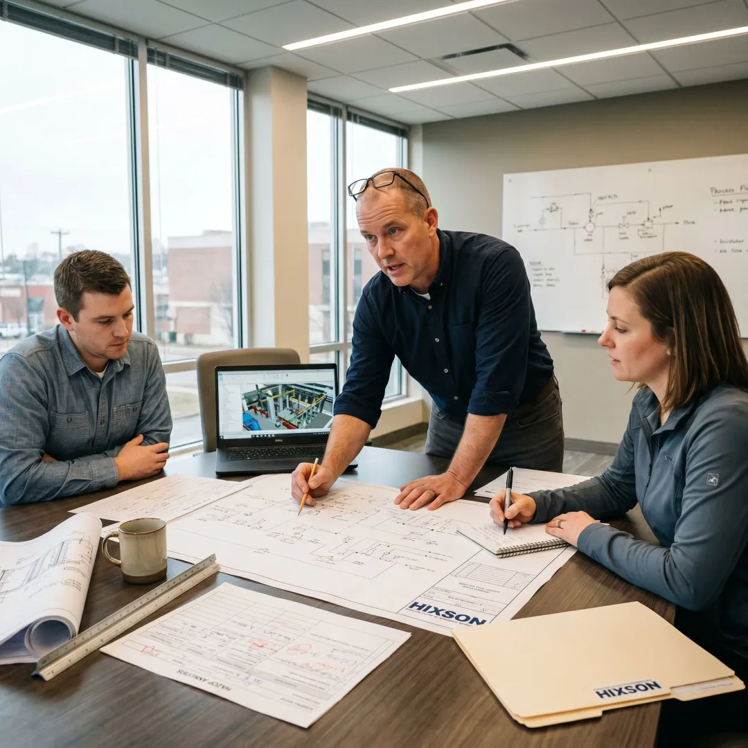 Process safety consulting team reviewing industrial P&ID drawings