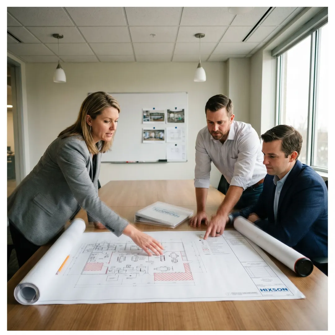 Engineers reviewing facility safety design plans