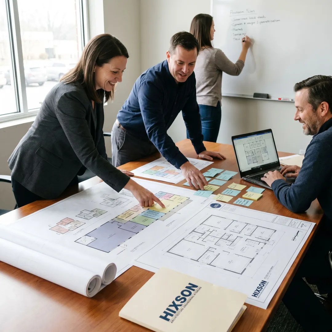 Workplace planning team reviewing floor plans