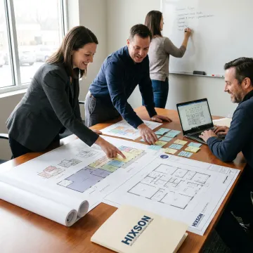 Workplace planning team reviewing floor plans