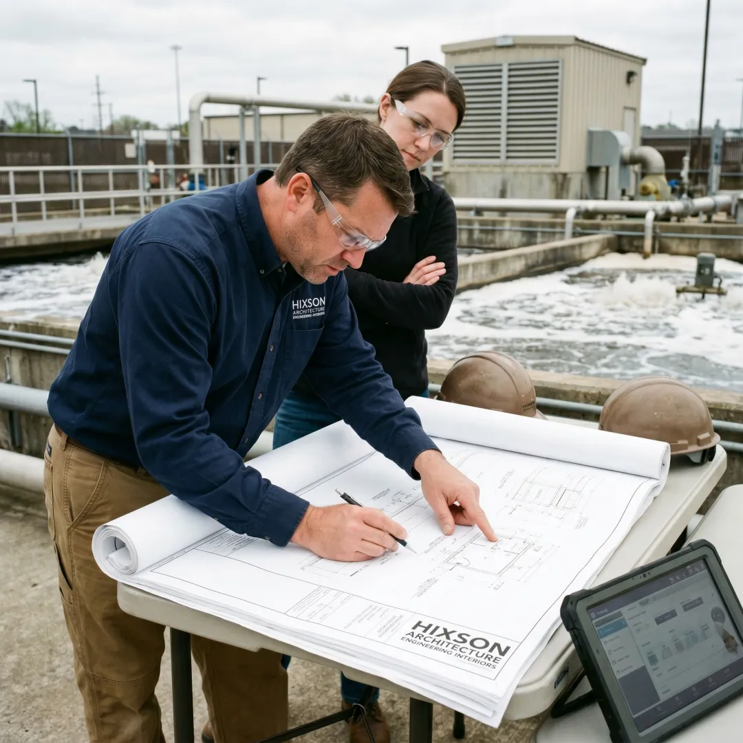 Engineer reviewing aeration system plans