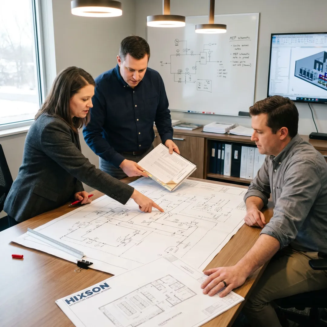 Engineer reviewing refrigeration system drawings