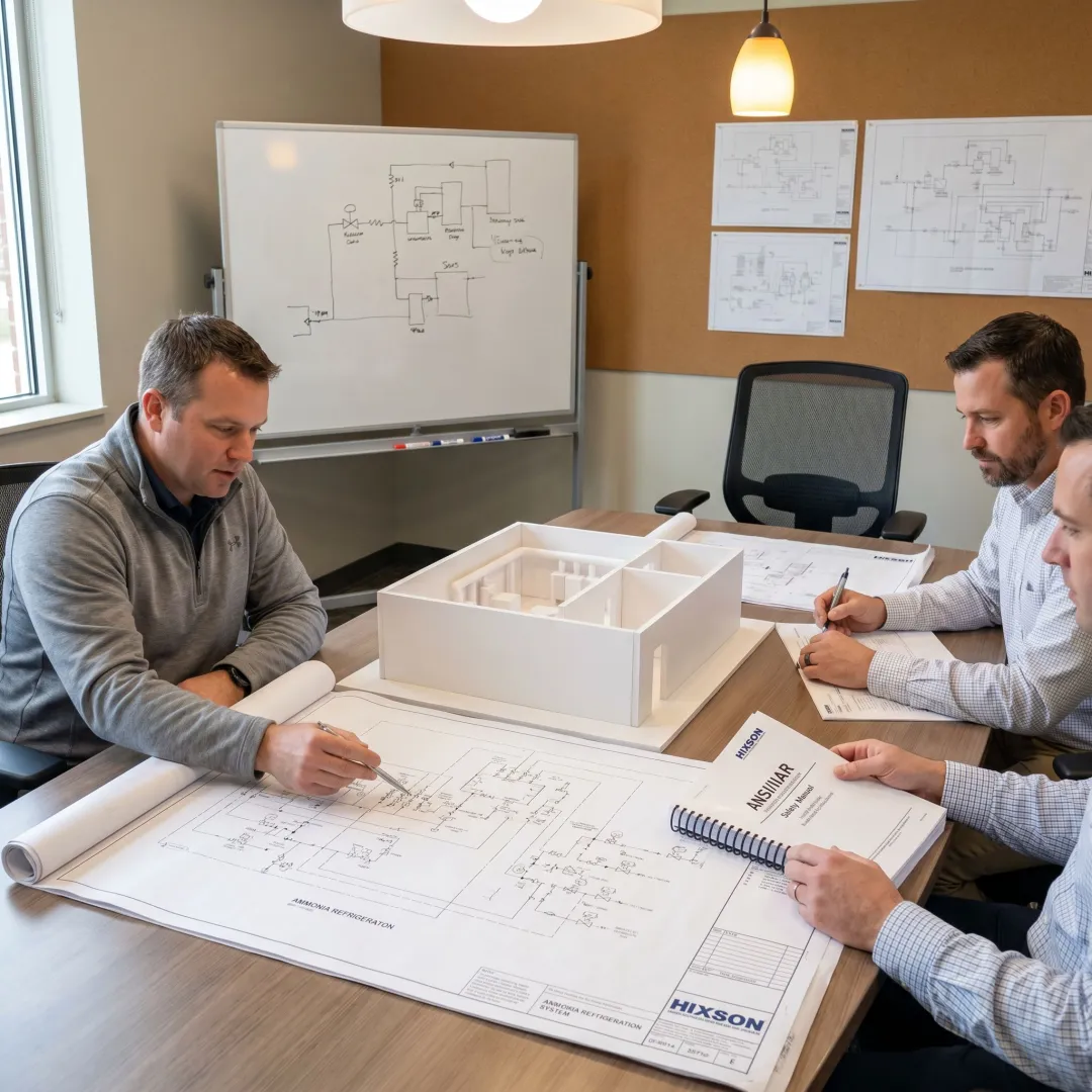 Engineers reviewing ammonia refrigeration system plans
