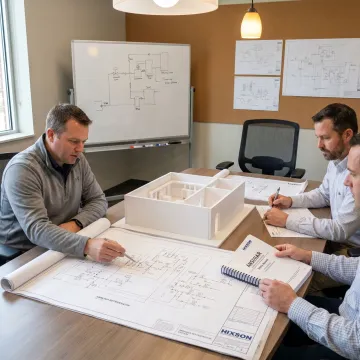 Engineers reviewing ammonia refrigeration system plans