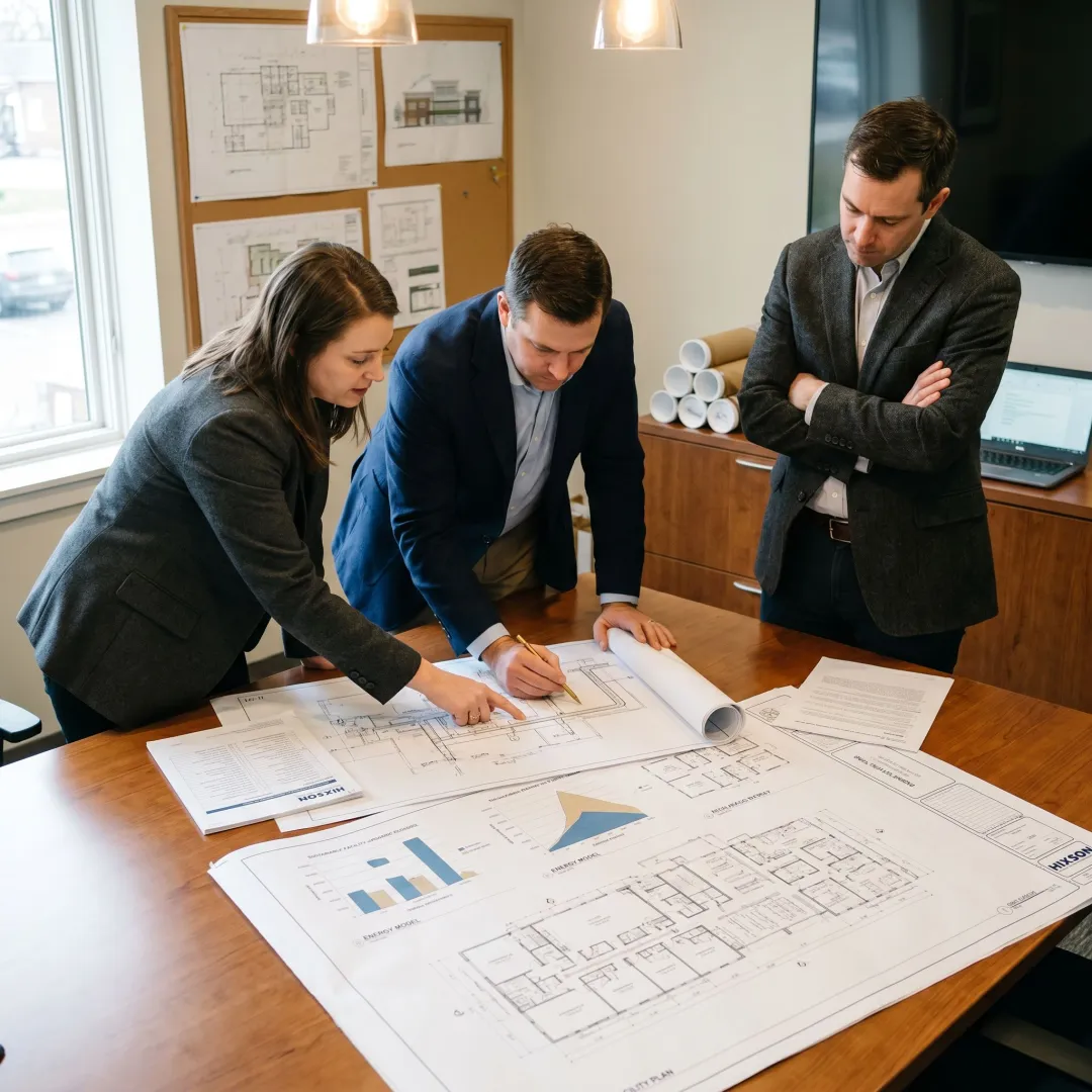Engineers reviewing sustainable facility plans