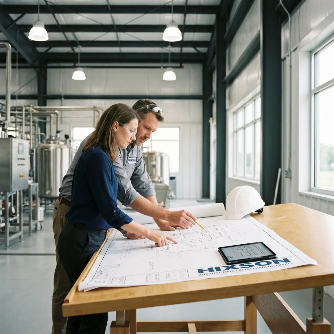 Industrial manufacturing consultants reviewing facility plans