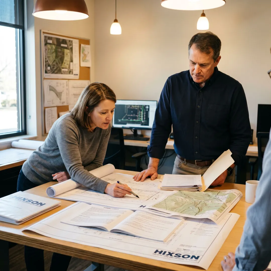 Consultants reviewing site feasibility maps