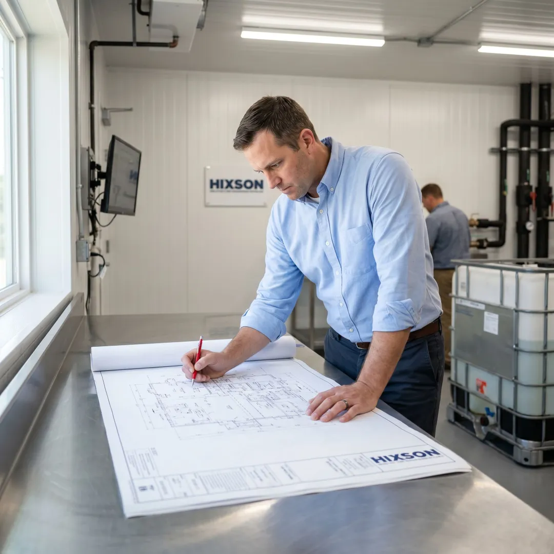 Engineer reviewing cGMP cold storage design plans