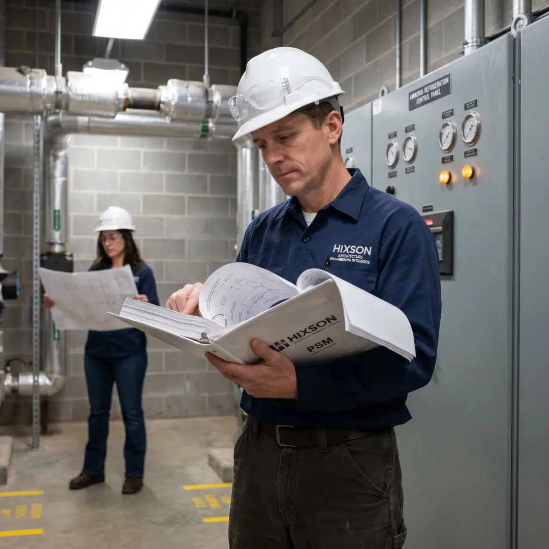 Industrial refrigeration engineer reviewing ammonia system controls