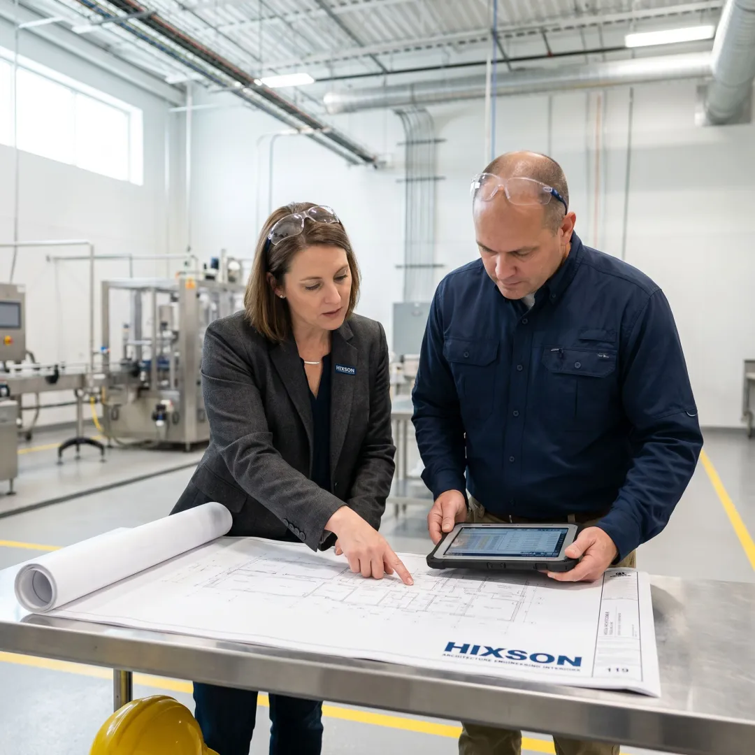 Engineers reviewing energy efficiency plans in a manufacturing facility