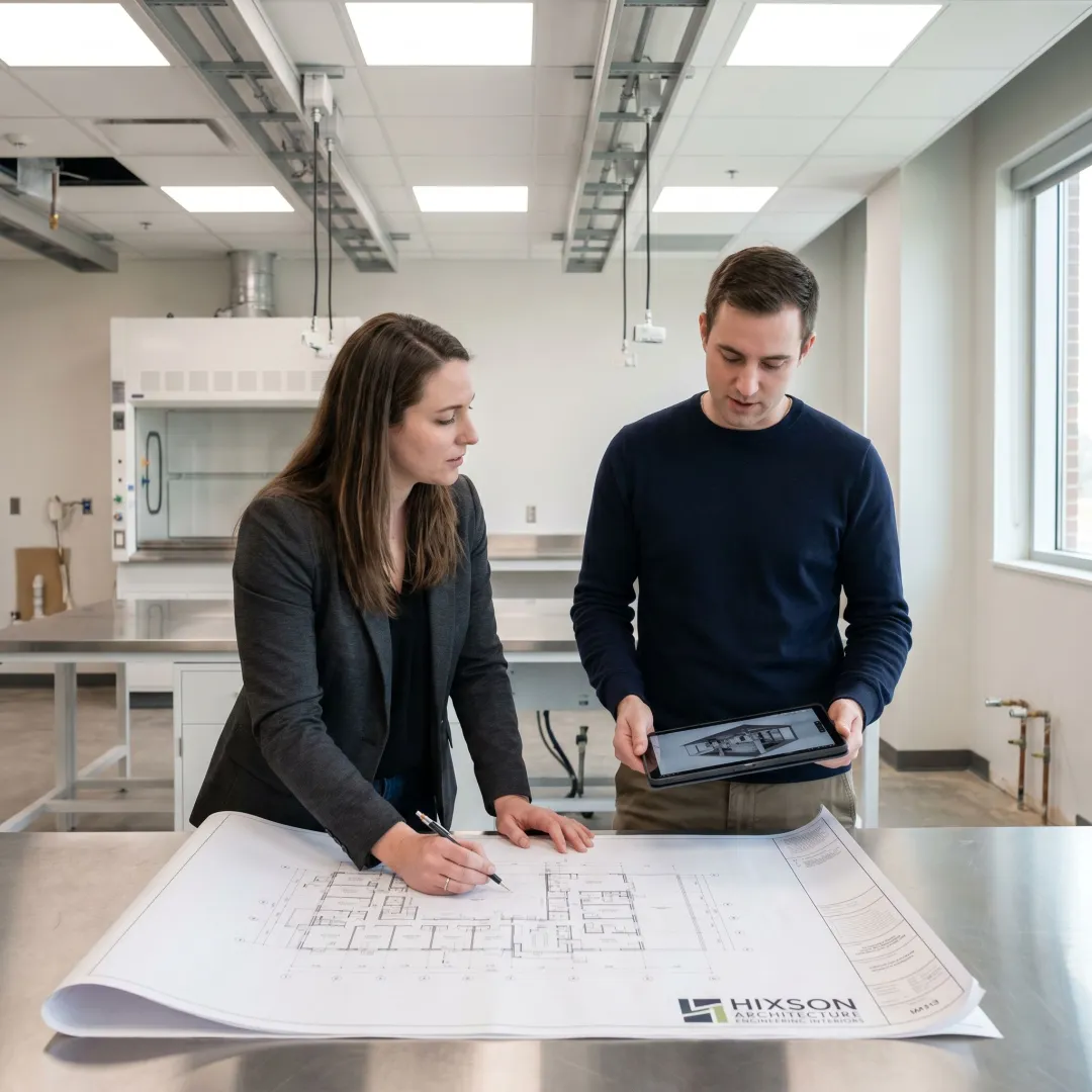 Architects reviewing a laboratory floor plan