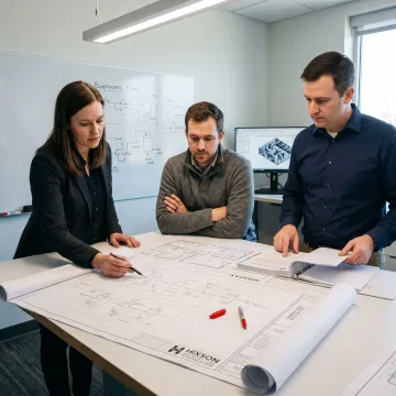 Engineers coordinating pharmaceutical bioprocess facility design