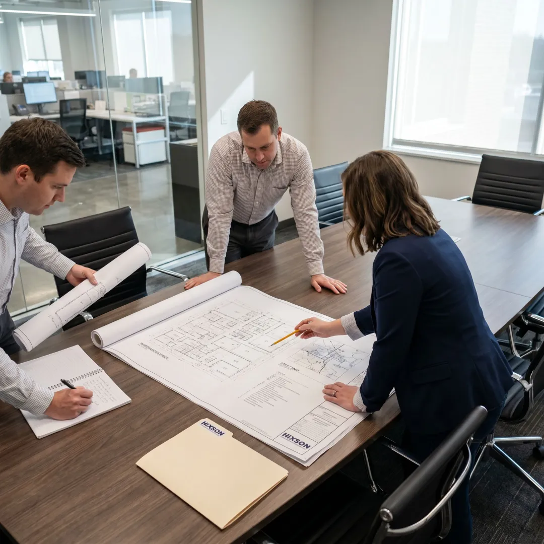 Manufacturing facility planning team reviewing site plans